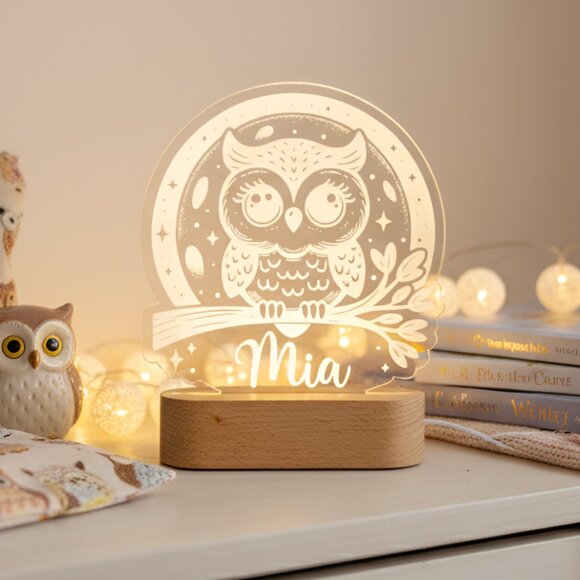 Custom Owl Night Light – Personalized Moon LED Bedroom Sign - Picture 8 of 8